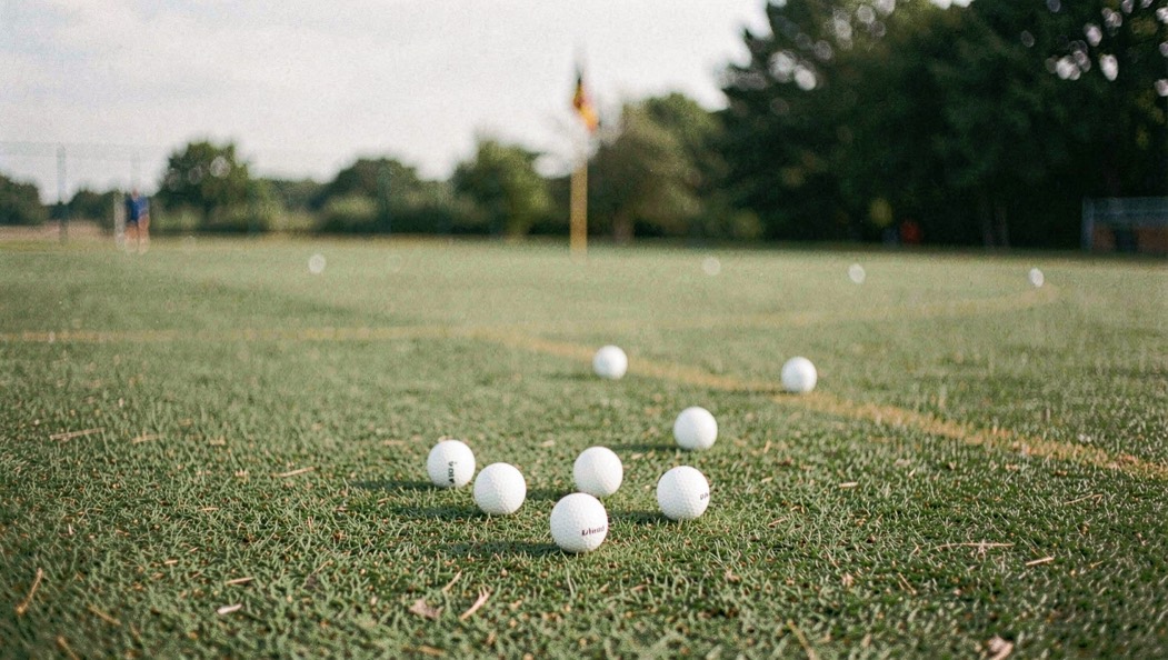 Range balls fanned on cut turf with a distant flag under flat morning light