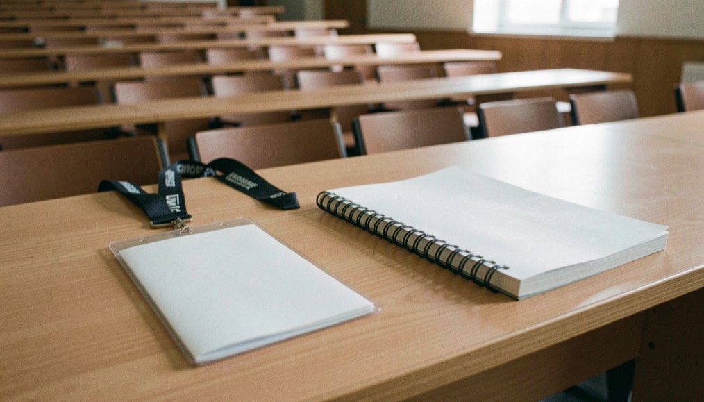 A printed conference program, a badge lanyard and a notebook on a lecture-hall desk
