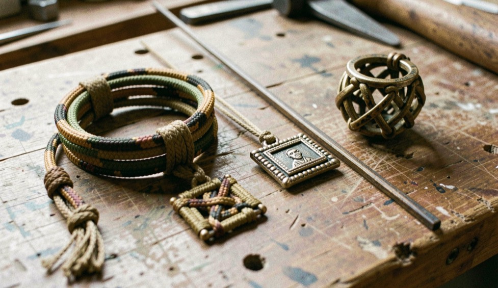 Cobra-weave cord bracelets, a square-knot key fob and a monkey fist beside a fid on a workbench