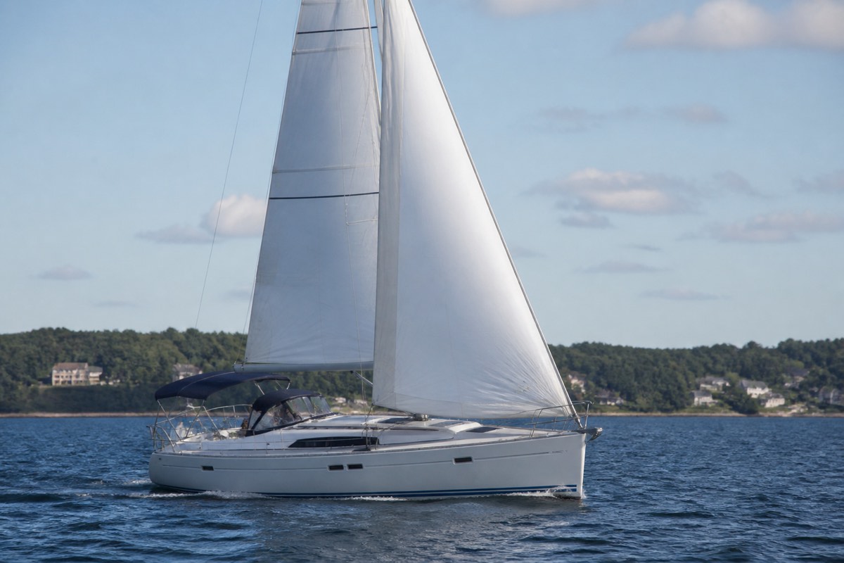 A cruising yacht carrying a mainsail and genoa on a close reach