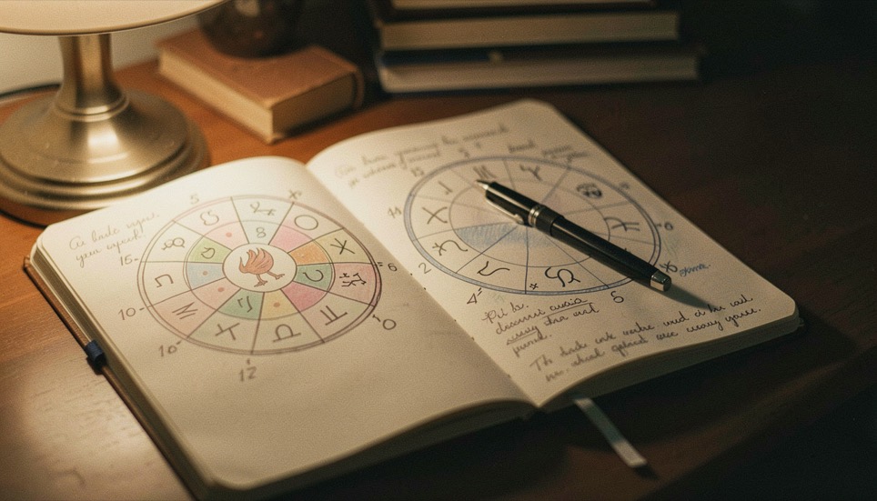 A handwritten journal open at a hand-drawn zodiac wheel beside a pen under warm lamplight