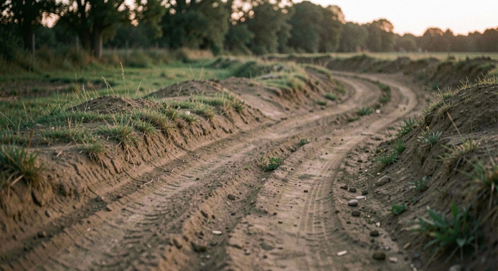 Ruts, a berm and a line of whoops on a dirt track in low evening light