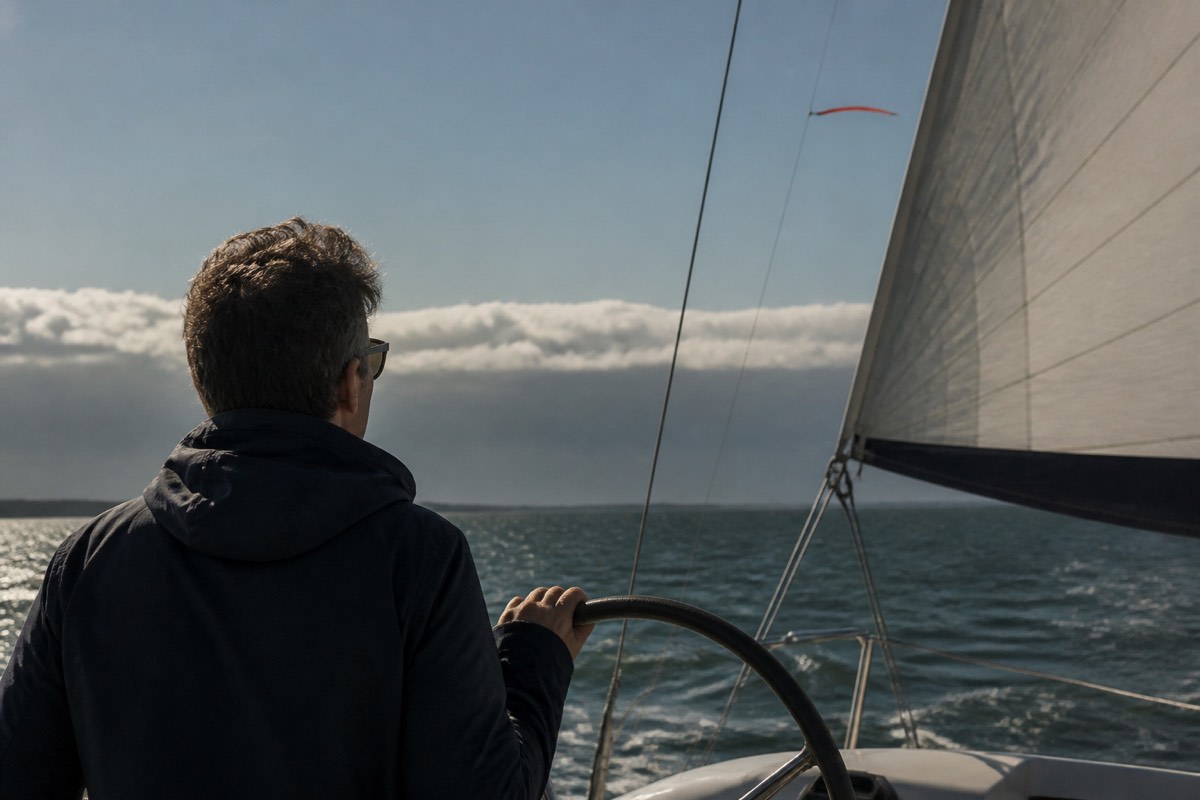 A helmsman watching a telltale and cloud line before changing sail plan