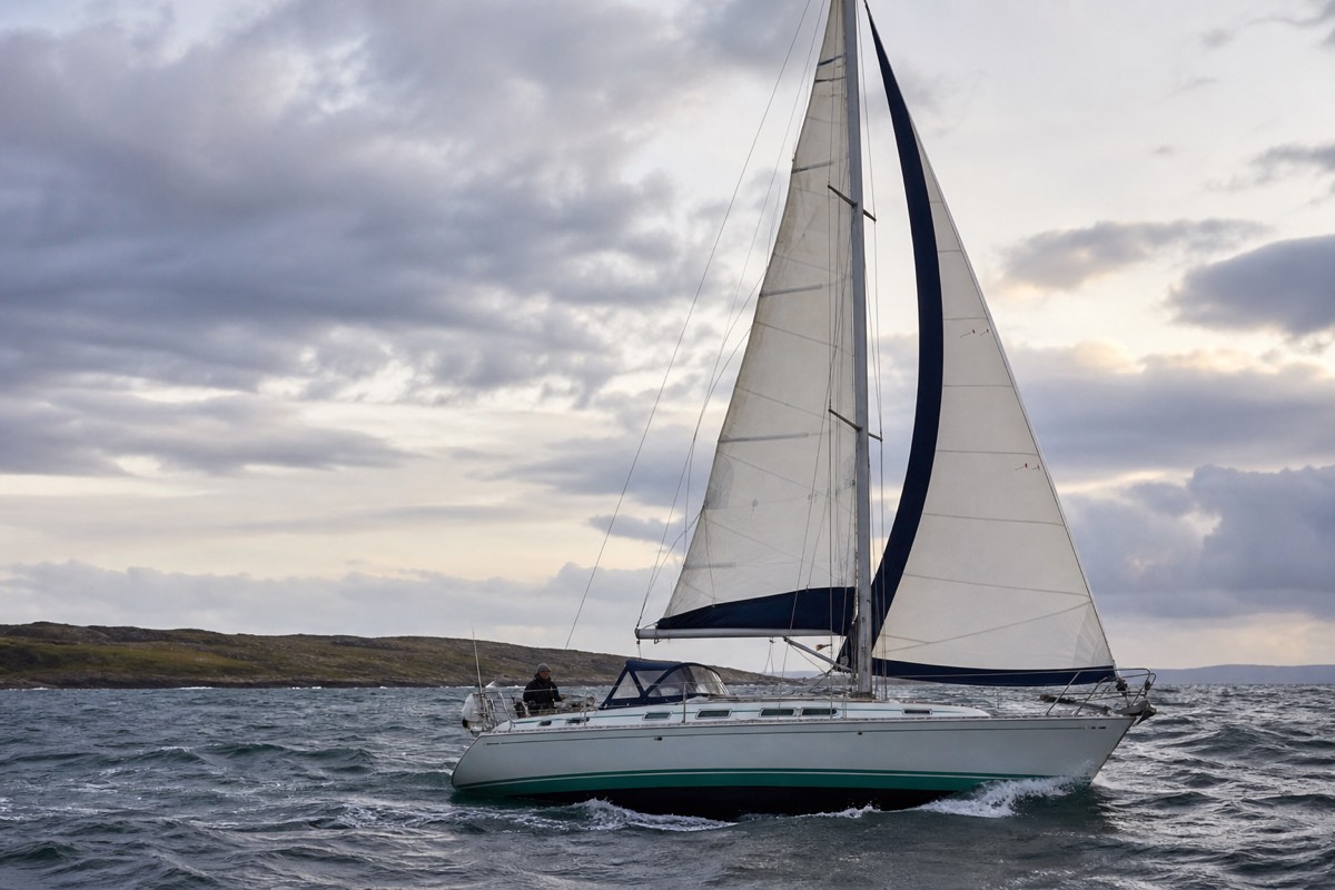 A small cruiser sailing on a textured sea beneath a changing coastal sky