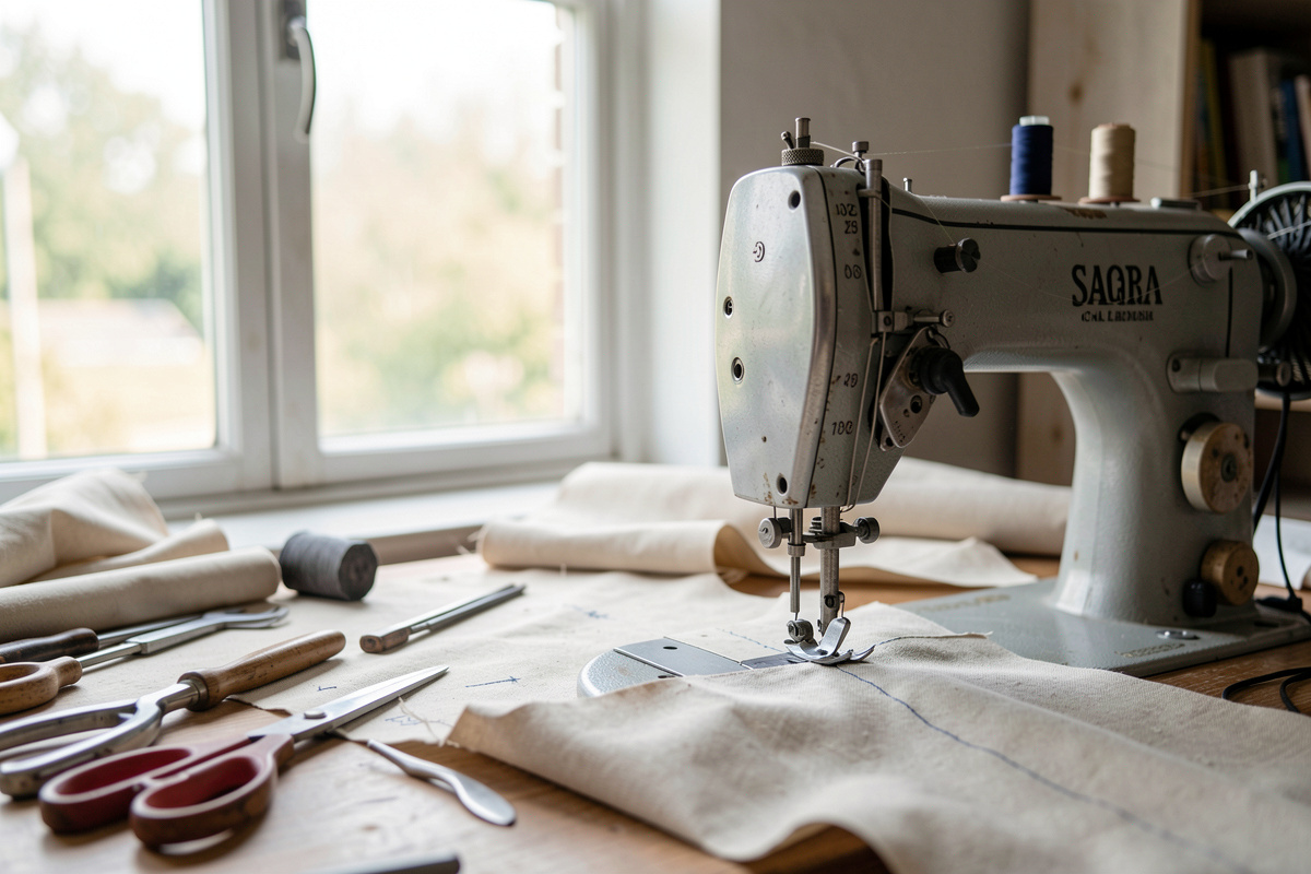 A sailmaker's workshop with tools and fabric, natural light from a window, close-up on a sewing machine.